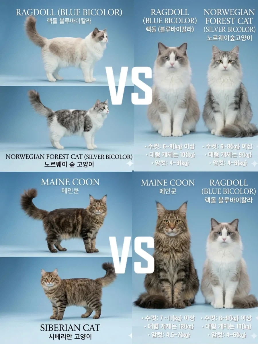 메인쿤 VS 랙돌 VS 놀숲 VS 시베리안 크기 비교_1.webp