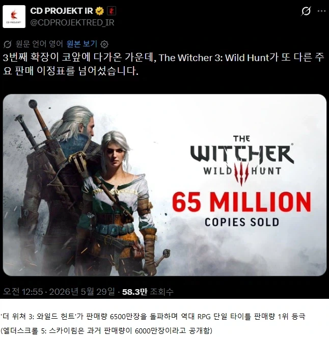 ＇더 위쳐 3: 와일드 헌트＇ 역대 RPG 단일 타이틀 판매량 1위 등극 대표 이미지