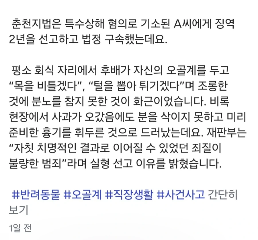 "털 벗겨 튀길 것"…반려 오골계 조롱한 동료에 흉기 휘둘렀다 실형 이미지 3