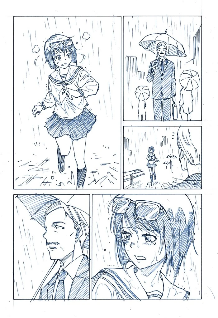 눈물 흘리며 빗길을 달려가는 여고생.manga