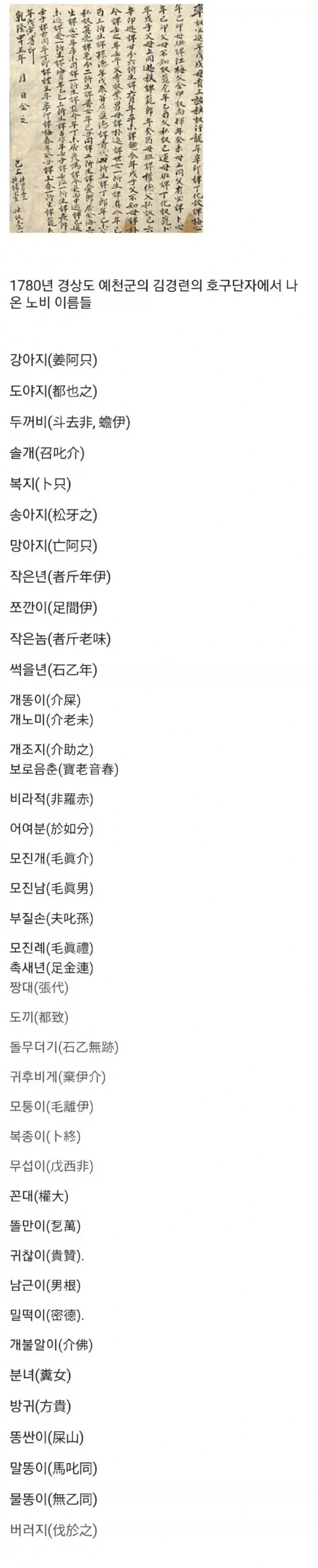 흔한 조선시대 노비들 이름 수준 jpg.