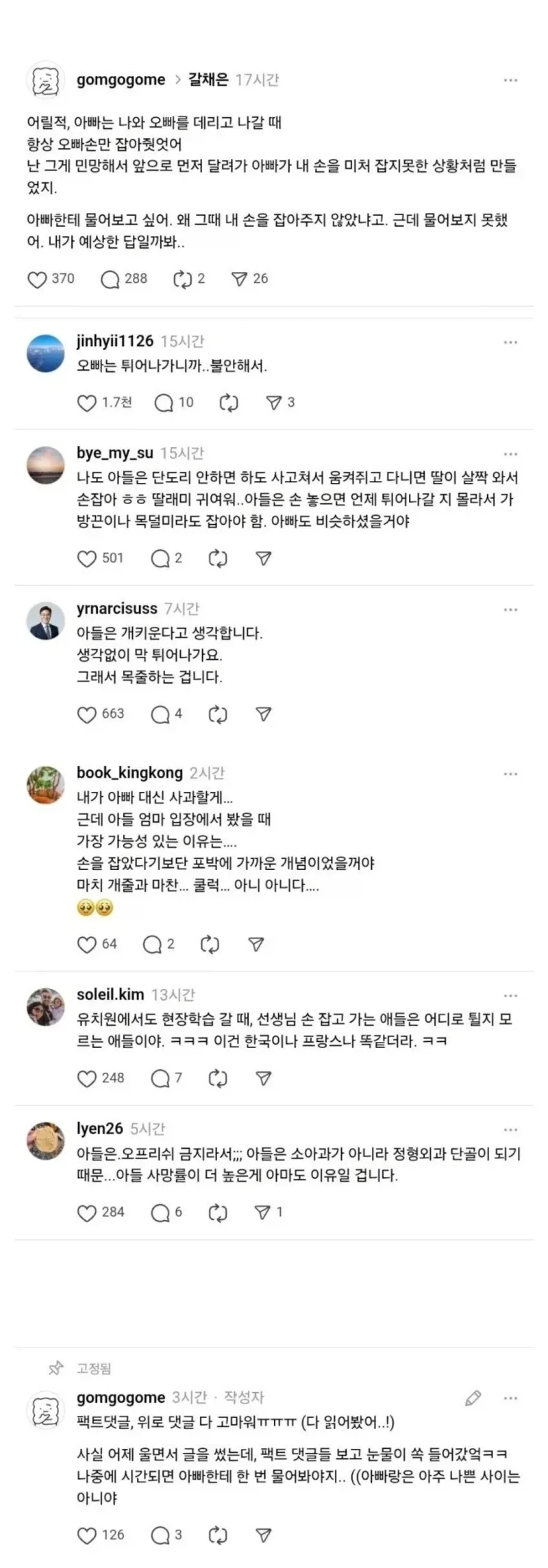 어릴적, 아빠는 나와 오빠를 데리고 나갈 때 항상 오빠손만 잡아줬었어