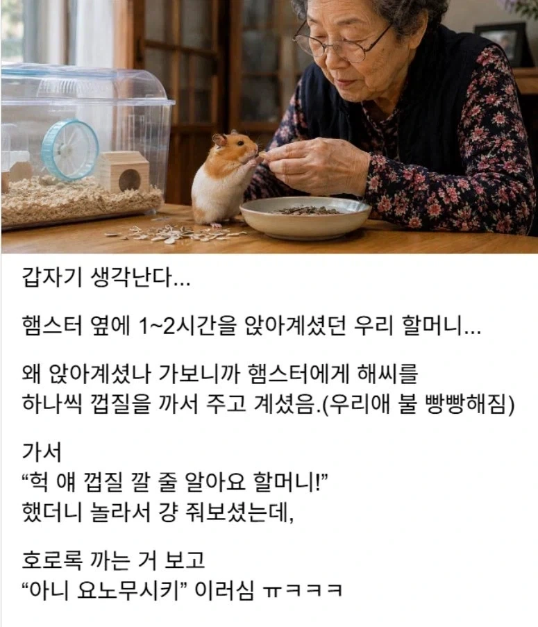 "할머니, 쟤 껍질 깔 수 있어요"