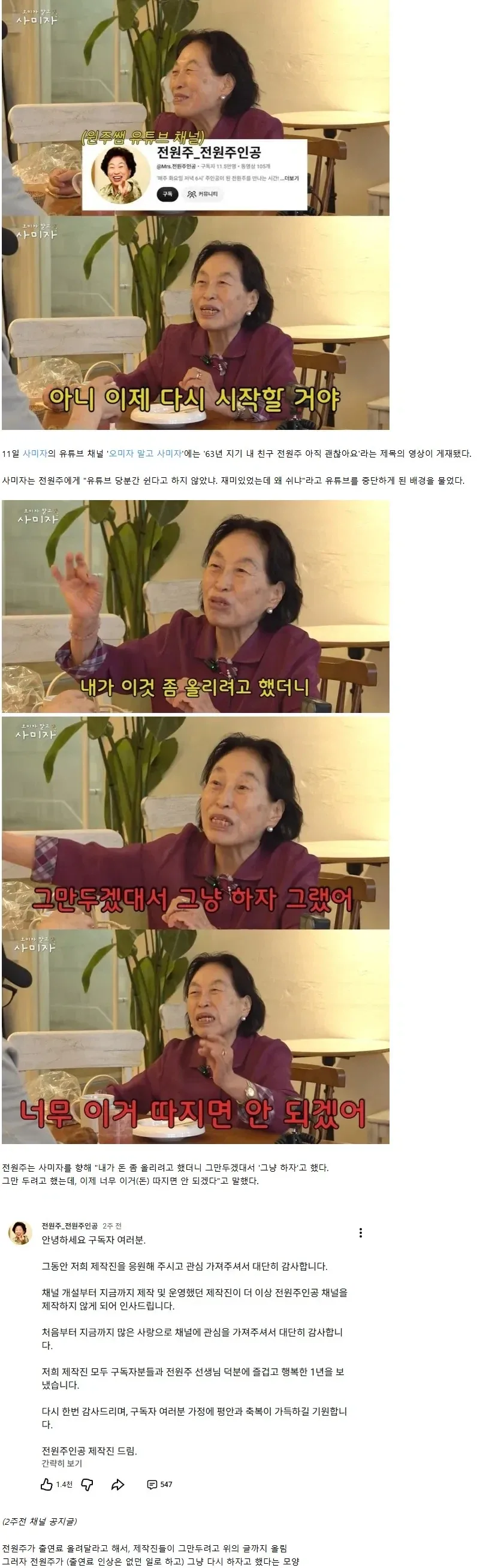 전원주 유튜브가 갑자기 중단된 이유