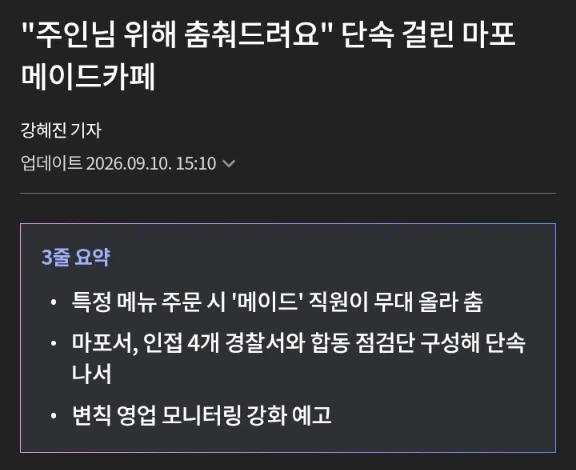 "주인님 위해 춤춰드려요" 단속 걸린 마포 메이드카페