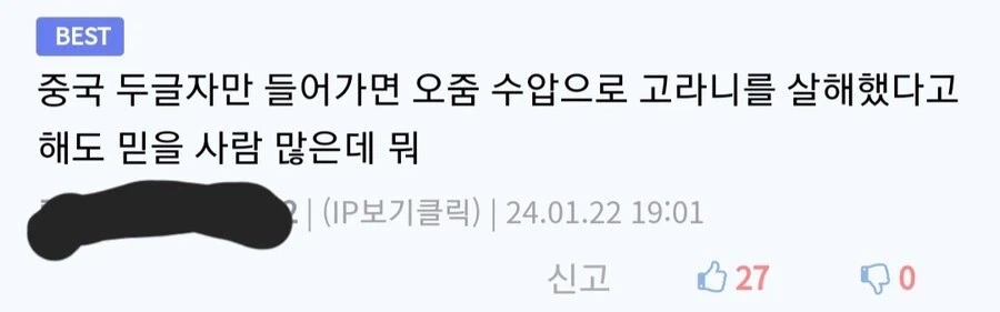 무지성 중국몰이를 풍자하는 댓글인데 사파 무협물이 완성되었다