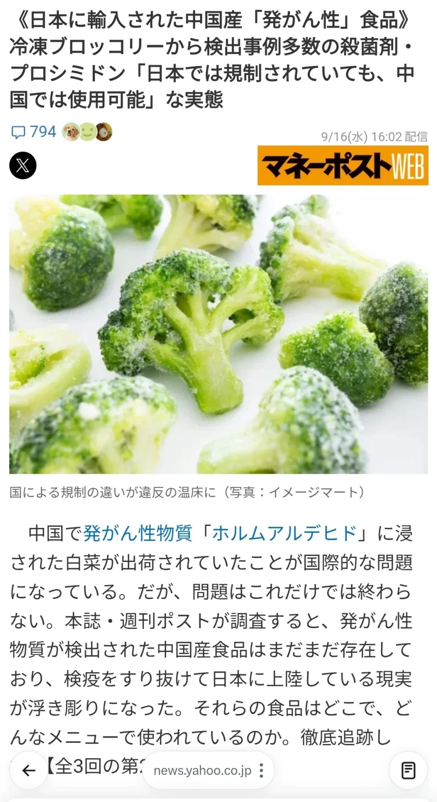 중국산 냉동 브로콜리서 발암물질 발견된 일본