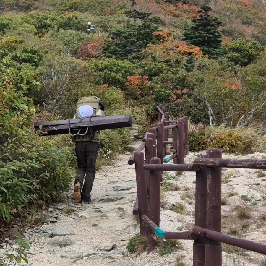 설악산 데크 정비하는 직원들...