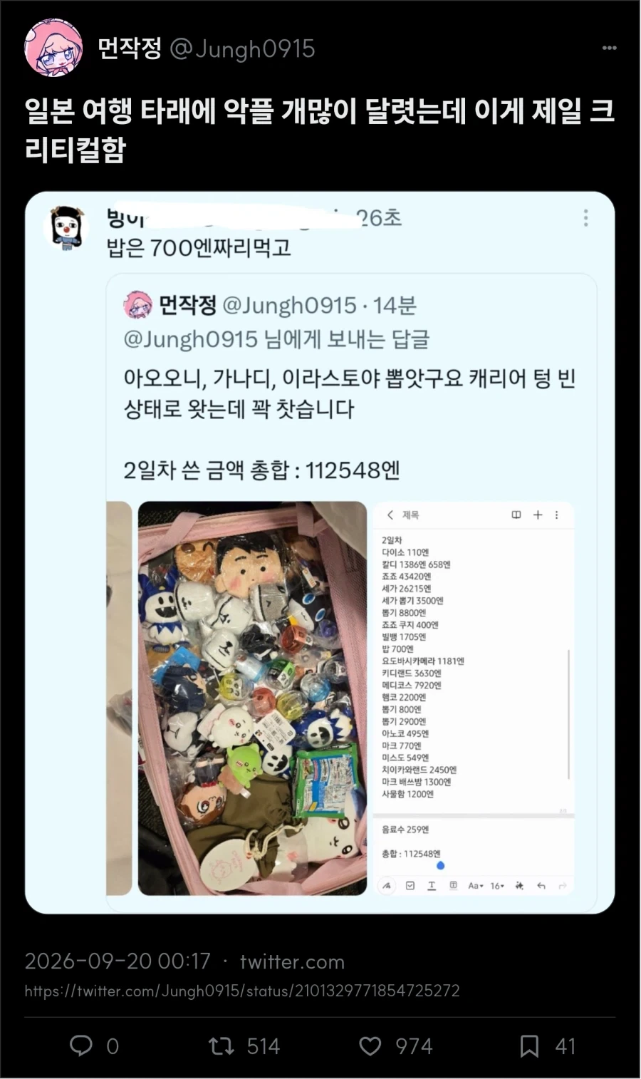 일본 여행에서 쓴 금액 100만원