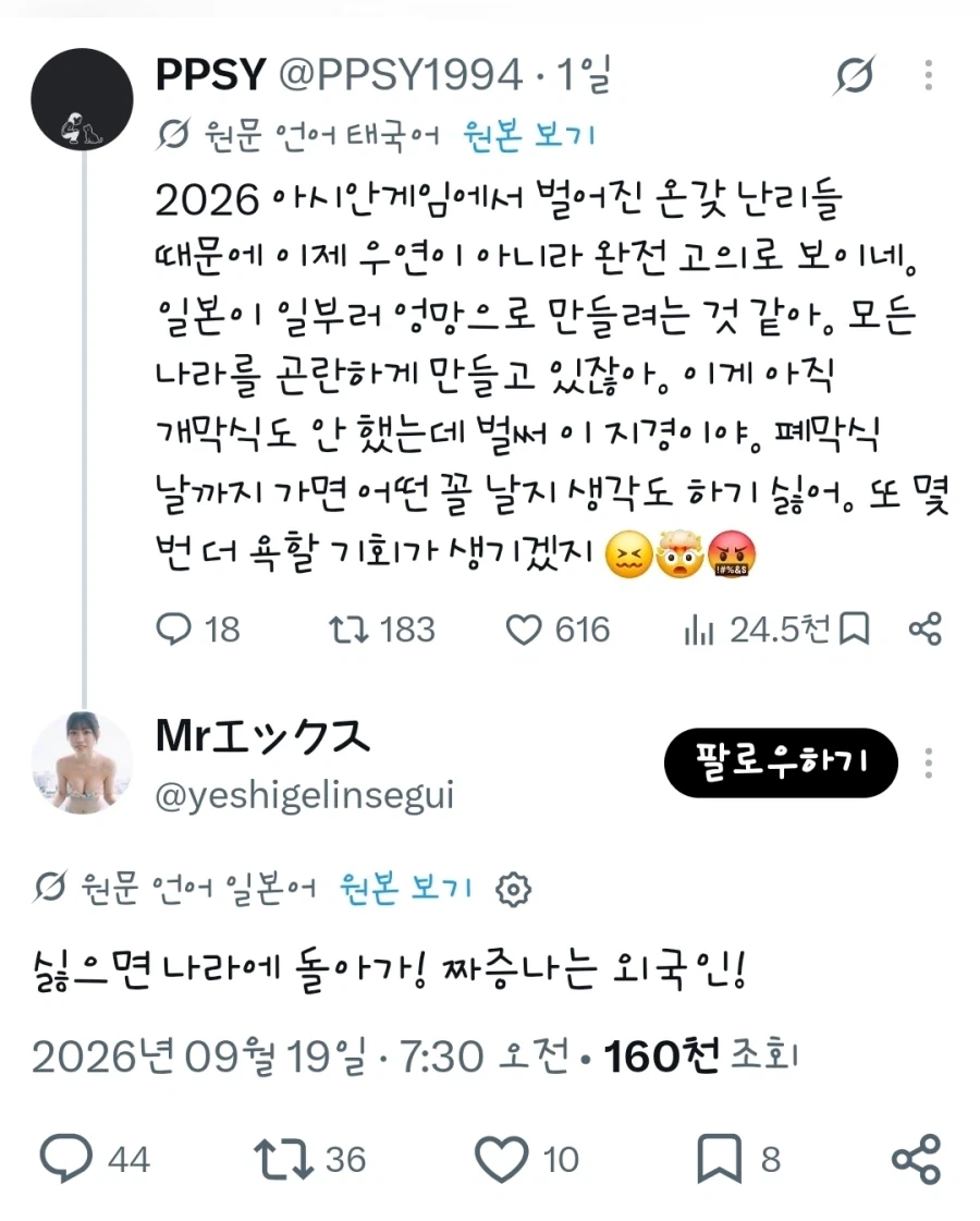 너희 나라로 돌아가 짜증나는 외국인!