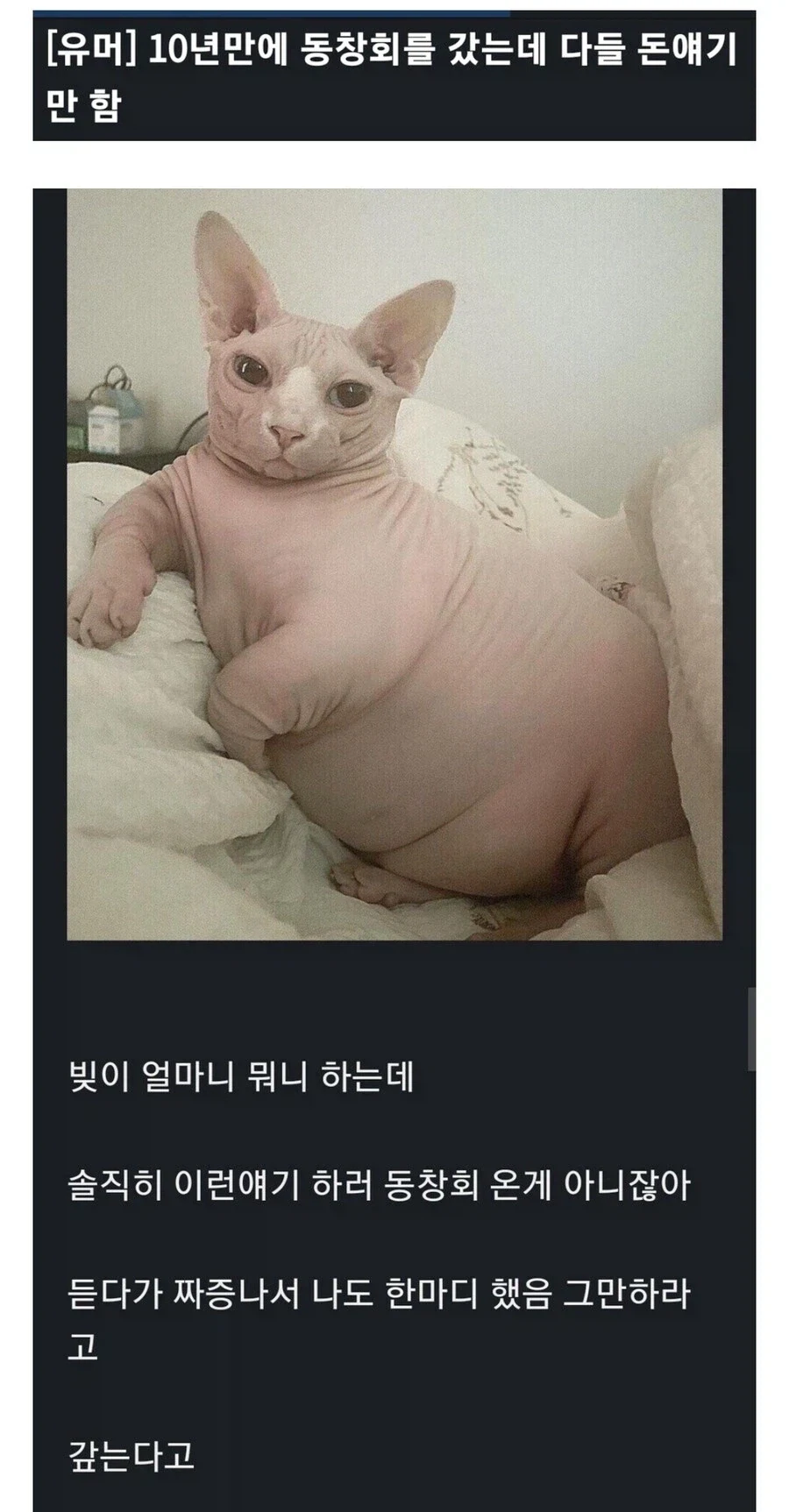 ???:동창회에서 돈이야기만 하는 동창들 지긋지긋하다