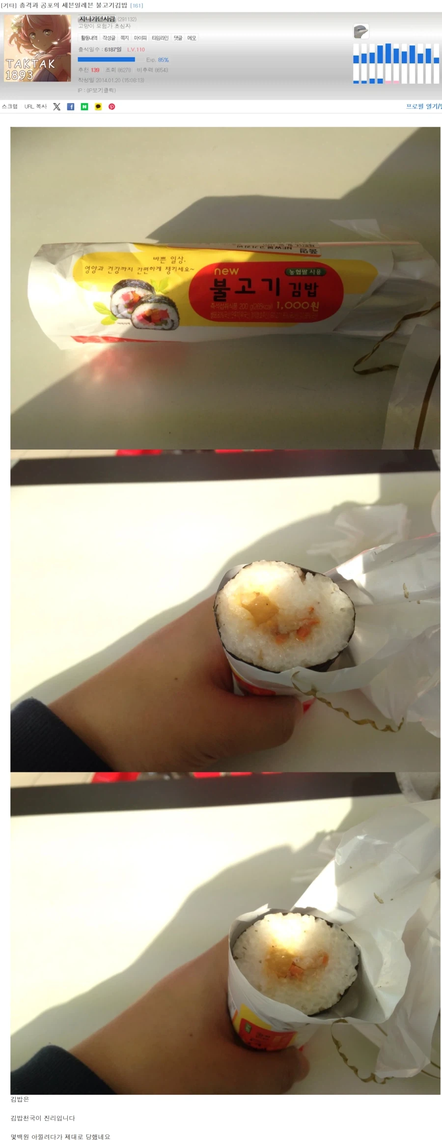 2014년 편의점 불고기김밥 수준
