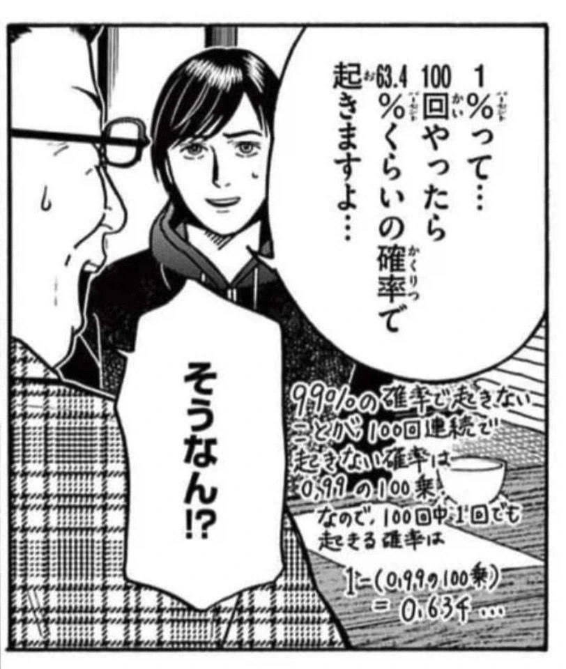 1%확률을 100회 반복하면 63.4%가 된다