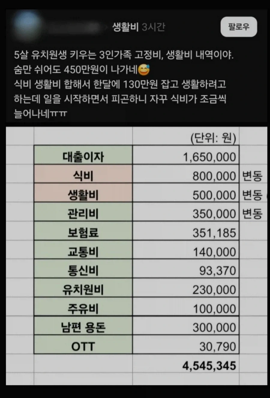 개빡세게 절약하는 3인 가족 생활비
