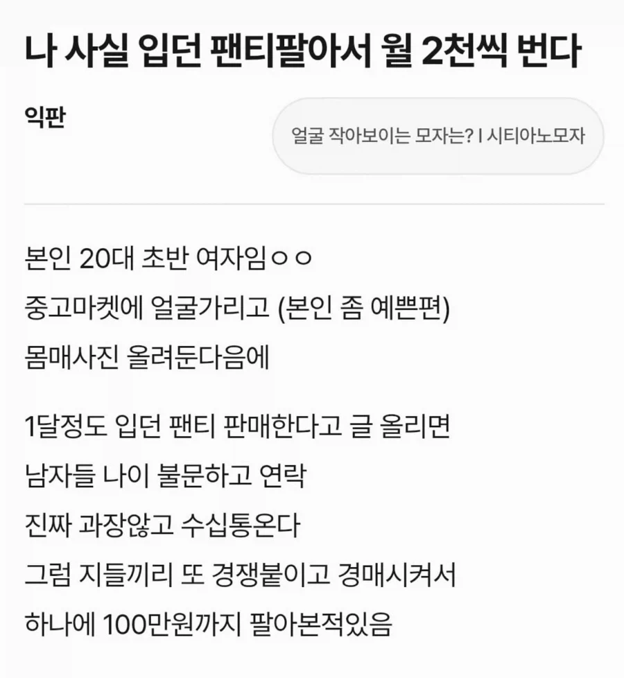 나 사실 입던 팬티 팔아서 월 2천씩 번다.