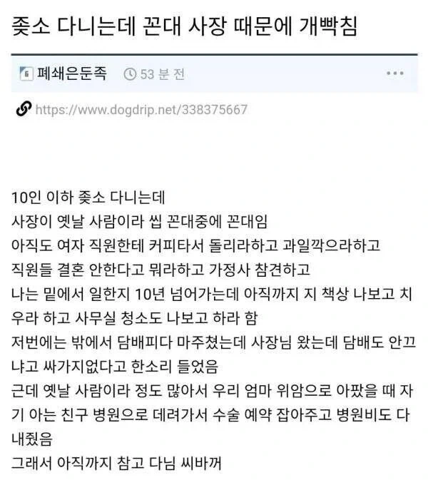 ㅈ소 다니는데 꼰대 사장 때문에 개빡침