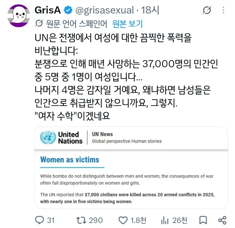 UN "전쟁으로 죽는 민간인 중 5분의 1이 여성이다!"