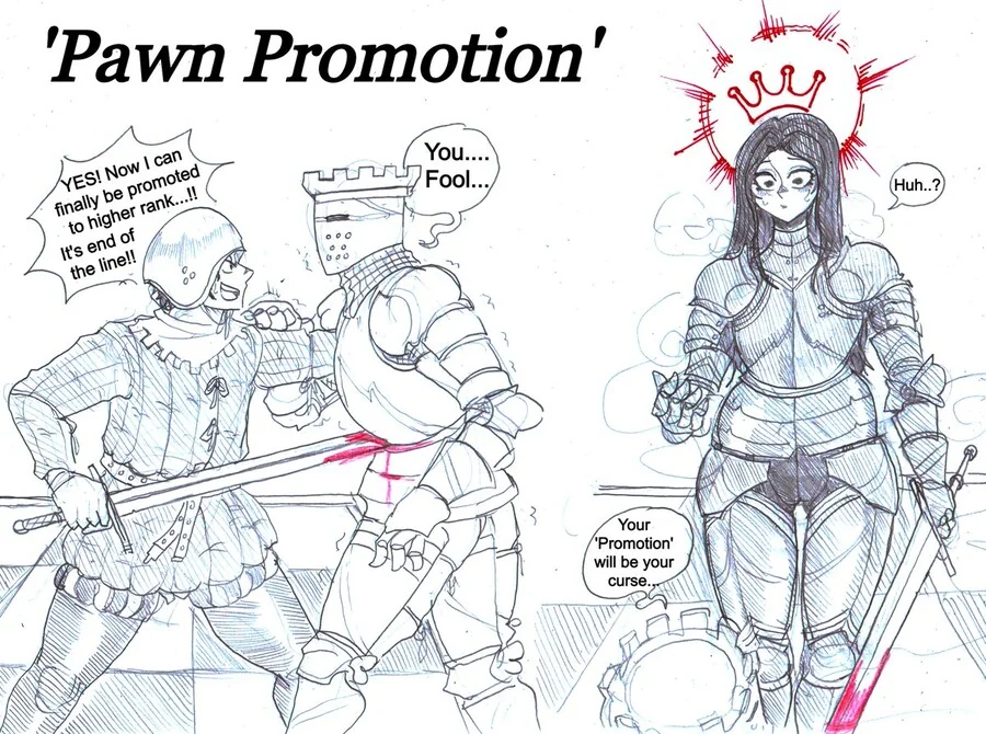 체스의 폰이 룩을 쓰러뜨리고 프로모션(승급)하는 만화
