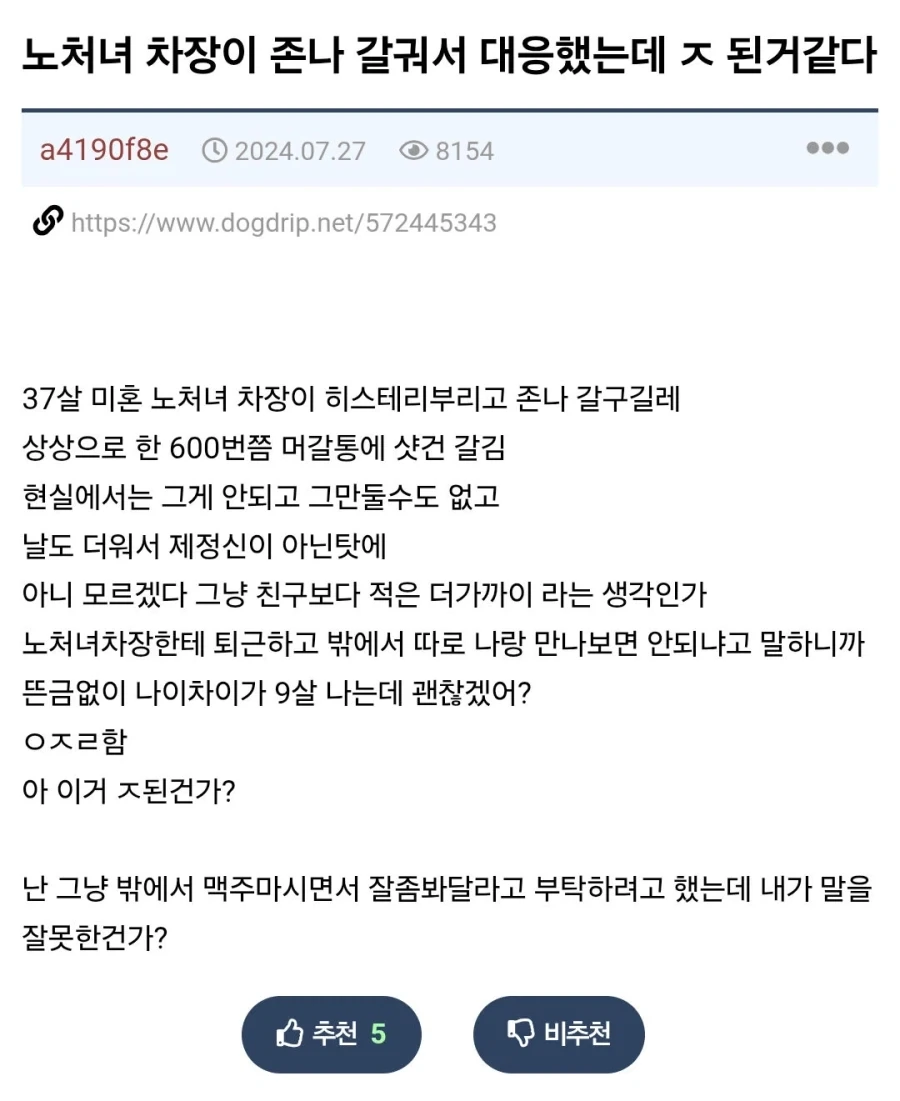 노처녀 차장이 갈궈서 대응했는데 ㅈ된거 같다