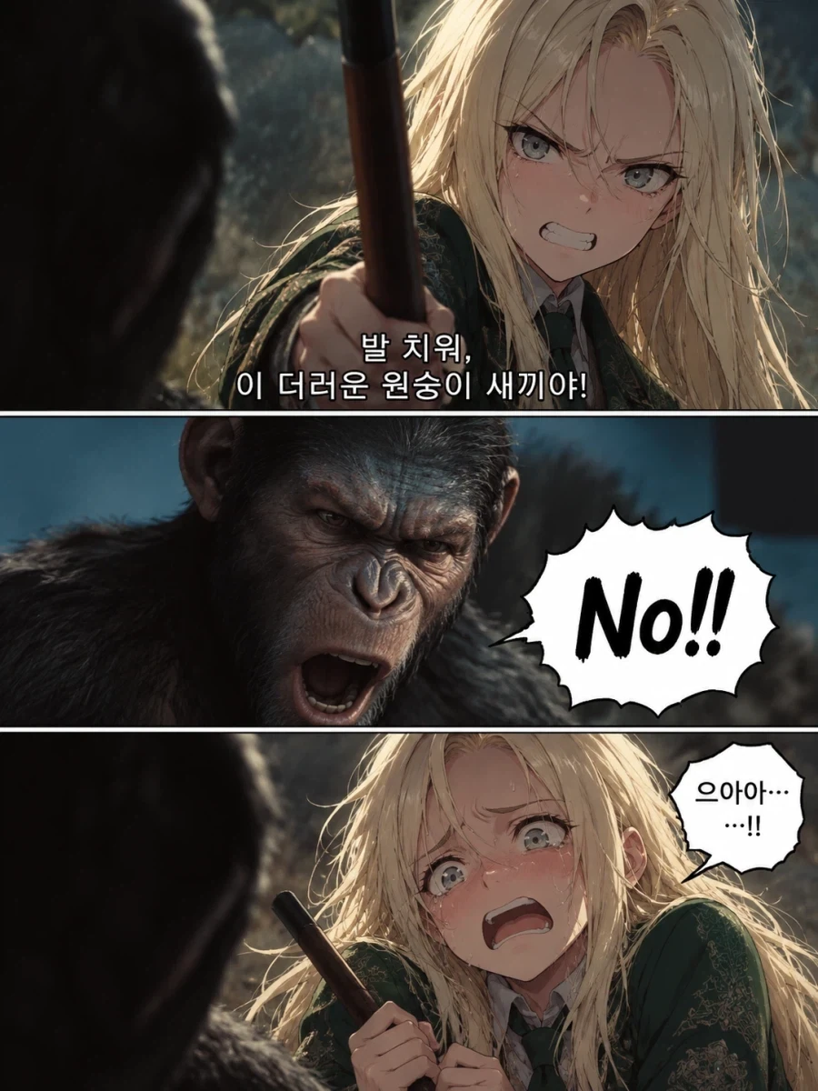 Ai) 악역 영애 말포이:"냄새나는 앞발 치워, 이 더러운 유인원 자식아"