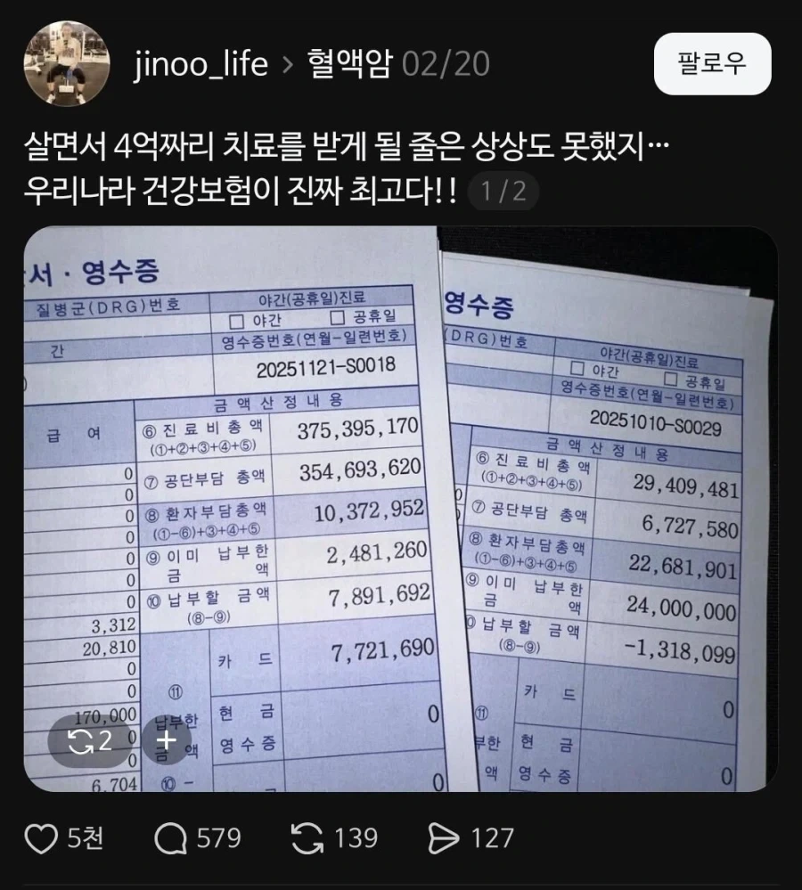 29만 5천달러 병원비 실제 납부액