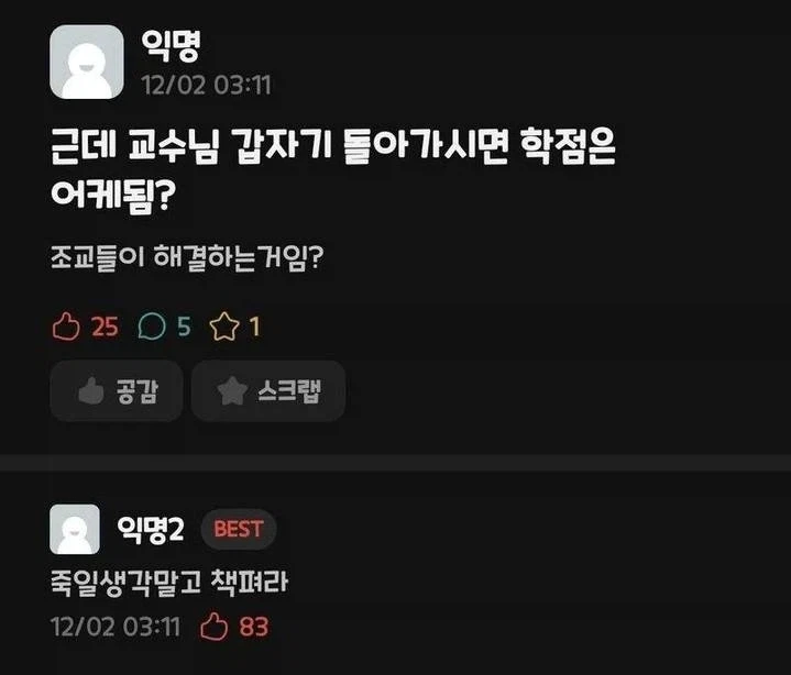 근데 교수님 갑자기 돌아가시면 학점은 어케됨?
