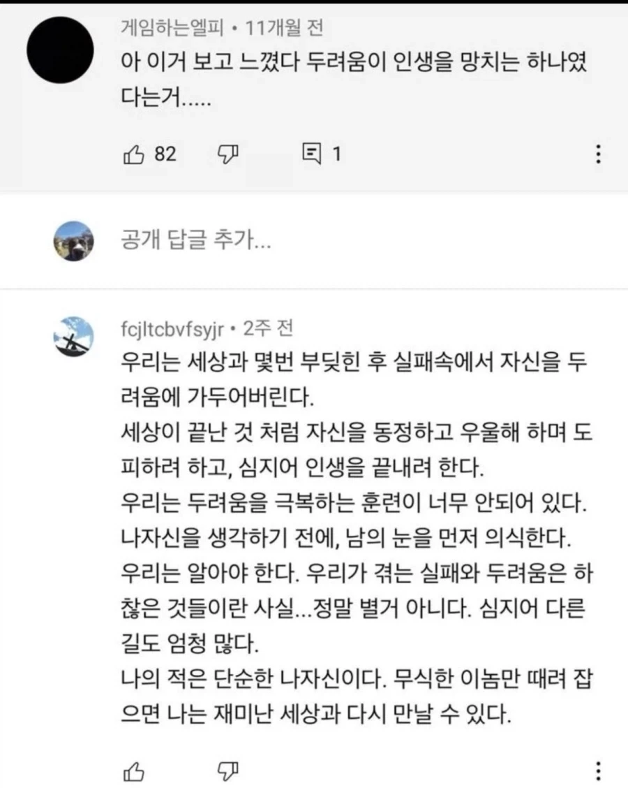 두려움이 인생을 망치는 하나였다는거.....