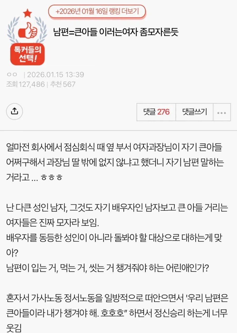 남편을 큰아들이라는 여자 좀 모자란 듯