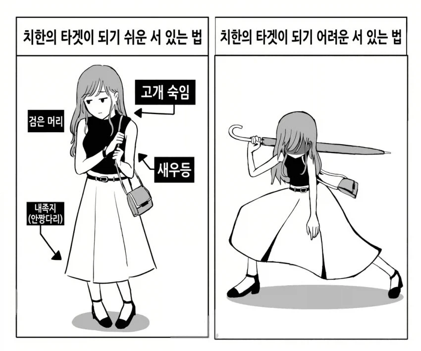 치한의 타겟이 되기 쉬운 서있는법 VS 치한의 타겟이 되기 어려운 서있는법