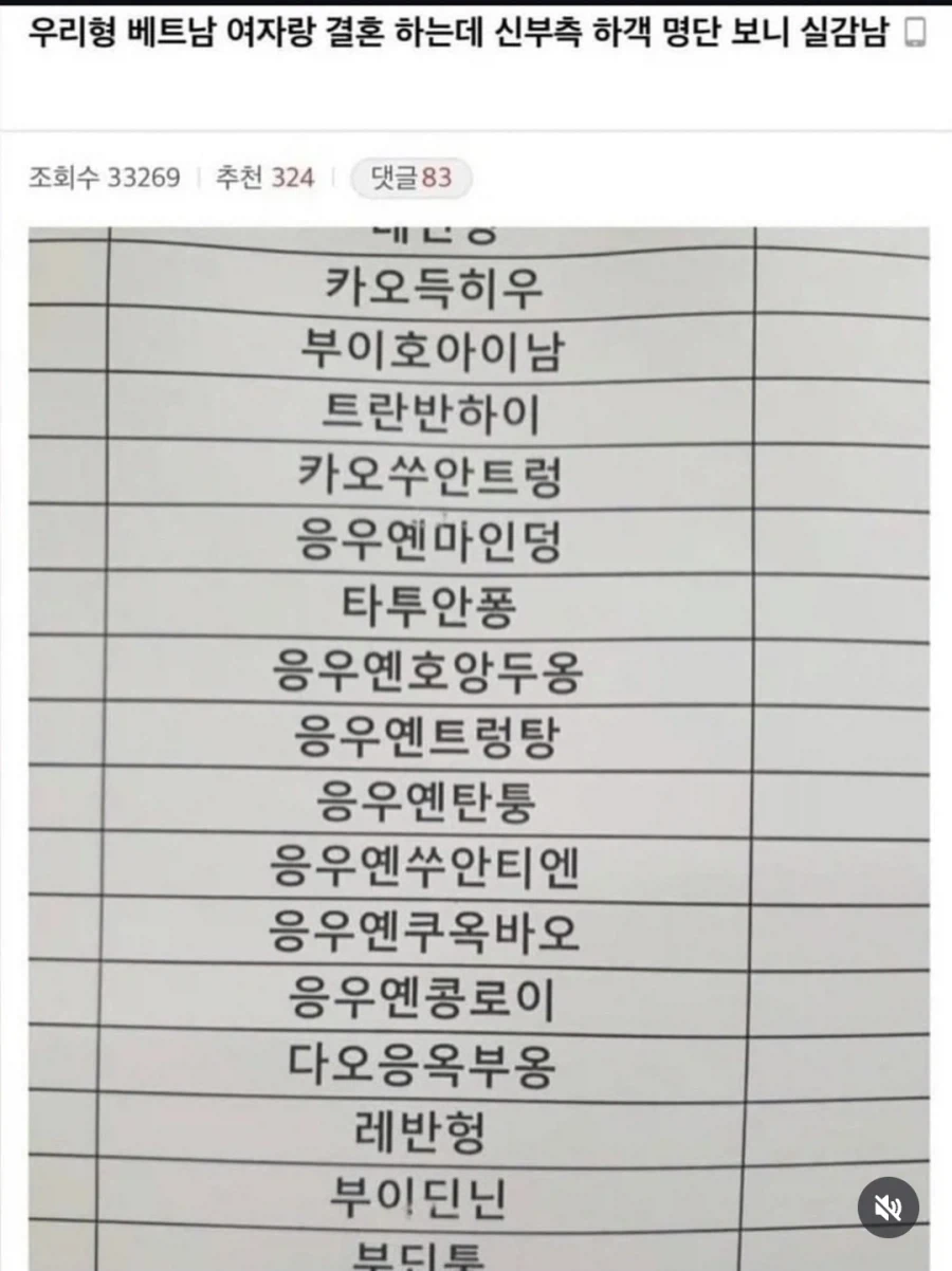 우리형 베트남 여자랑 결혼 하는데 신부측 하객 명단 보니 실감남