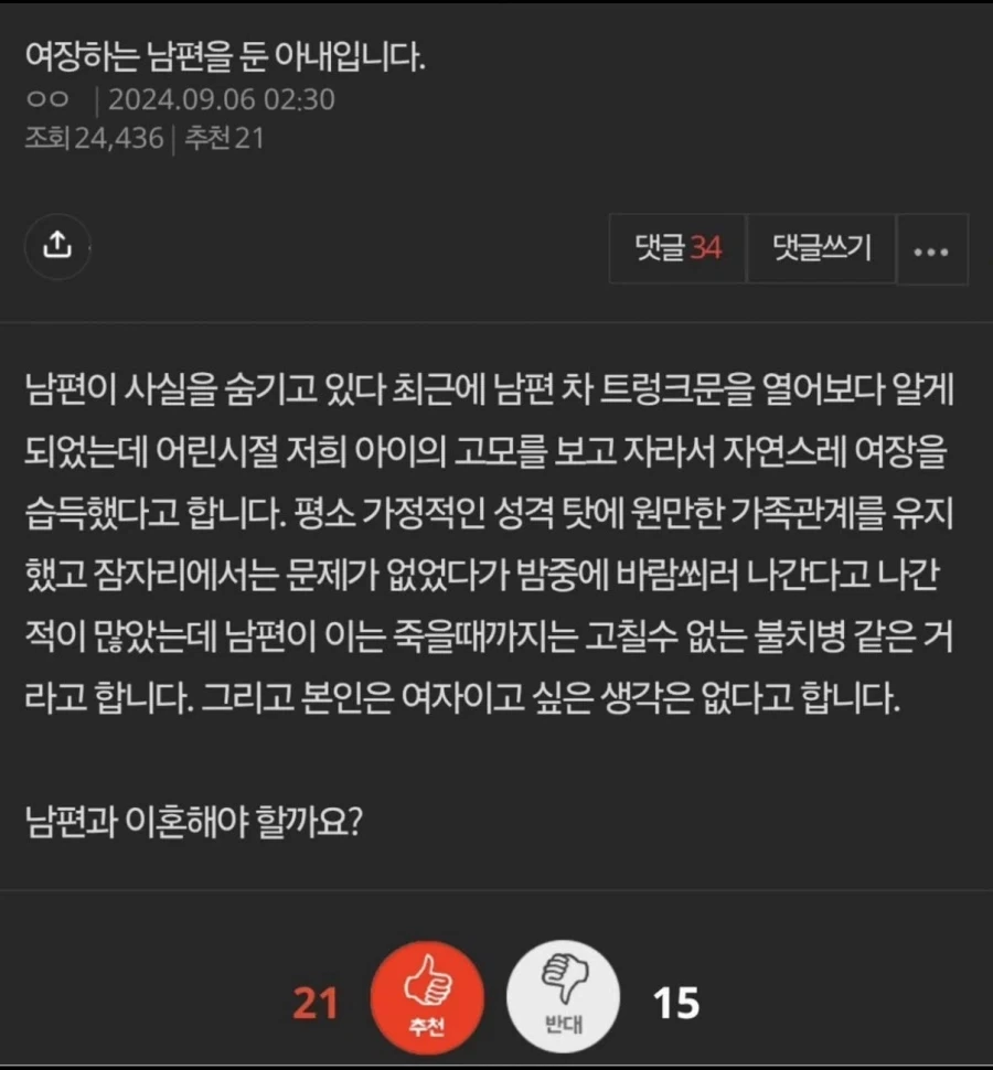 여장하는 남편을 둔 아내입니다.