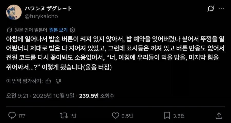 밥솥 전원이 꺼져있었는데 밥이 되어 있었다