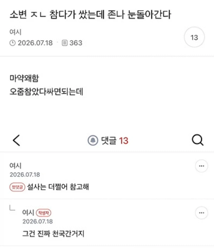 소변 ㅈㄴ 참다가 샀는데 존나 눈돌아간다.