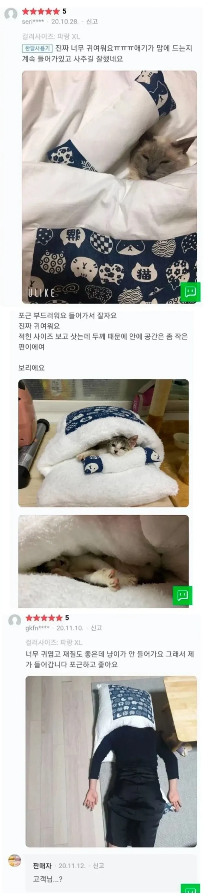 별점 5점 받은 고양이 이불 리뷰.jpg