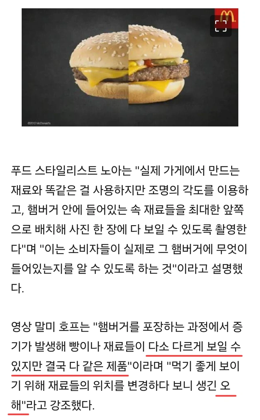 버거 제품이미지와 실제이미지는 왜 다른줄 앎?