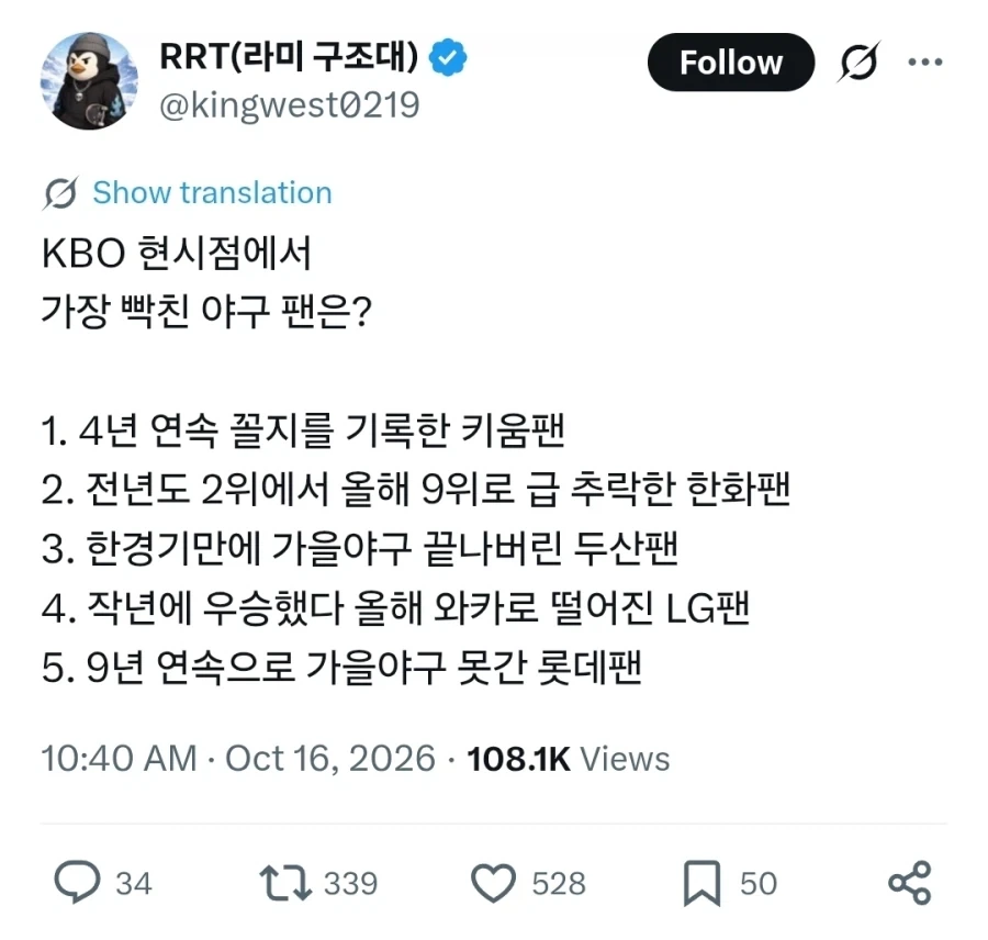 야구 팬의 반은 불행한거야?