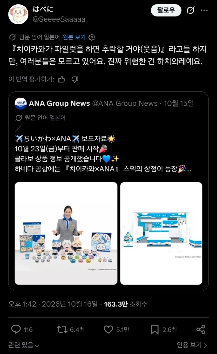 "치이카와가 비행기 파일럿을 하면 추락할거야".twit
