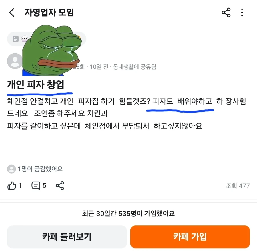 피자집 창업하고 싶다는 사람