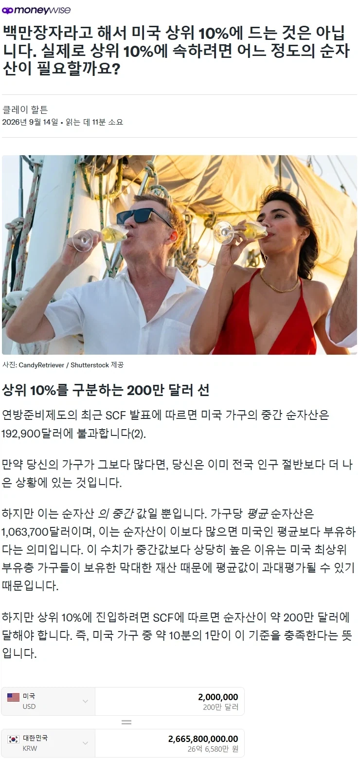 미국에서 상위 10%가 되려면 필요한 순자산