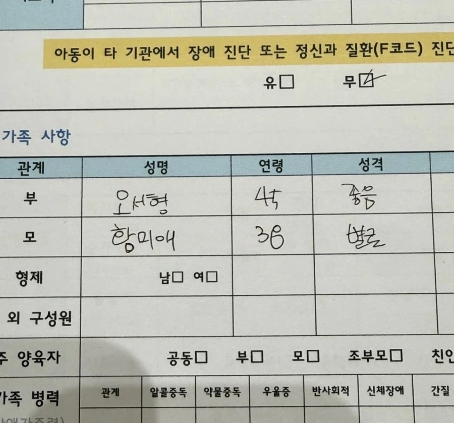 남편이 생전에 마지막으로 작성한 문진표