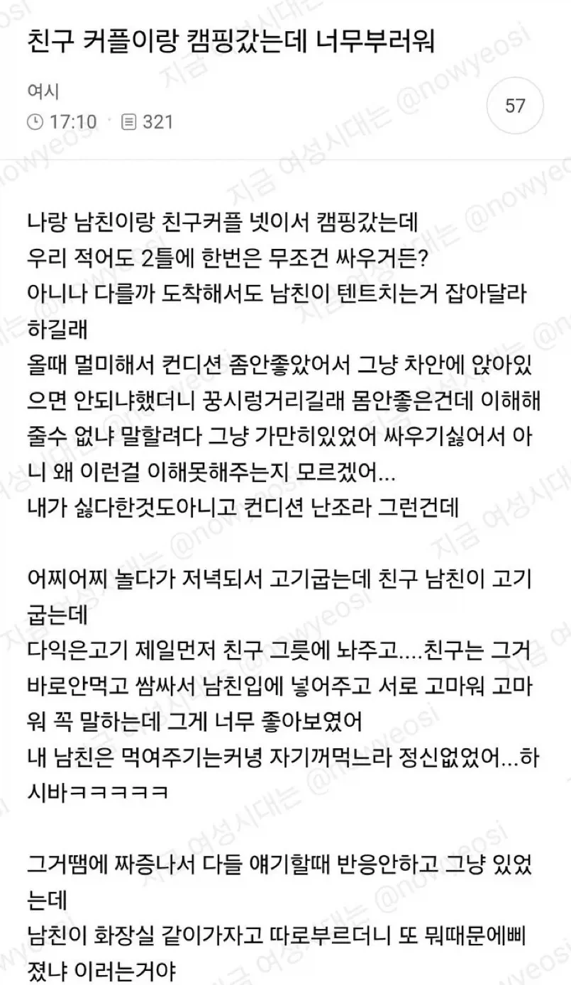 남친, 친구커플과 캠핑 가서 싸운 언냐