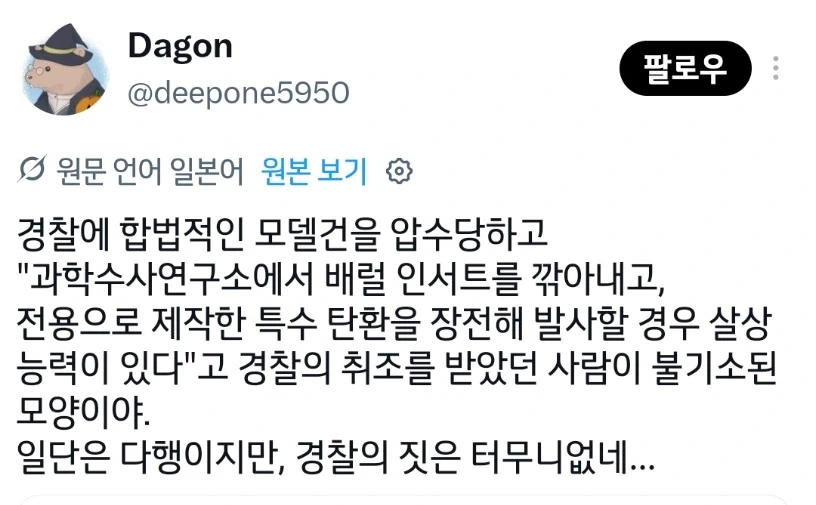 합법 모델건을 갖고있던 사람이 체포된 이유