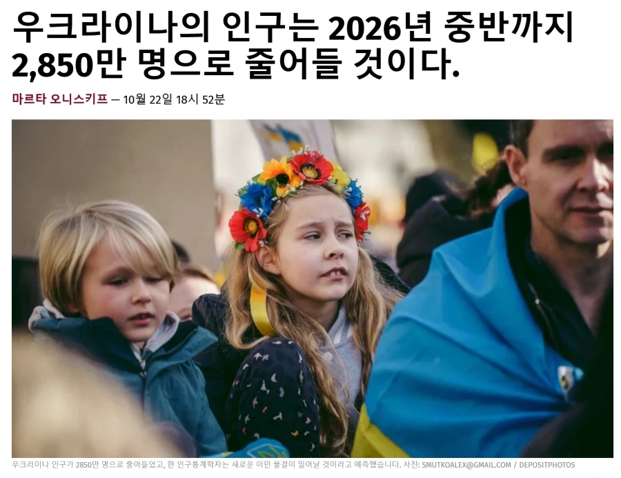 우크라이나 인구 4500만명 -> 2850만명이됨