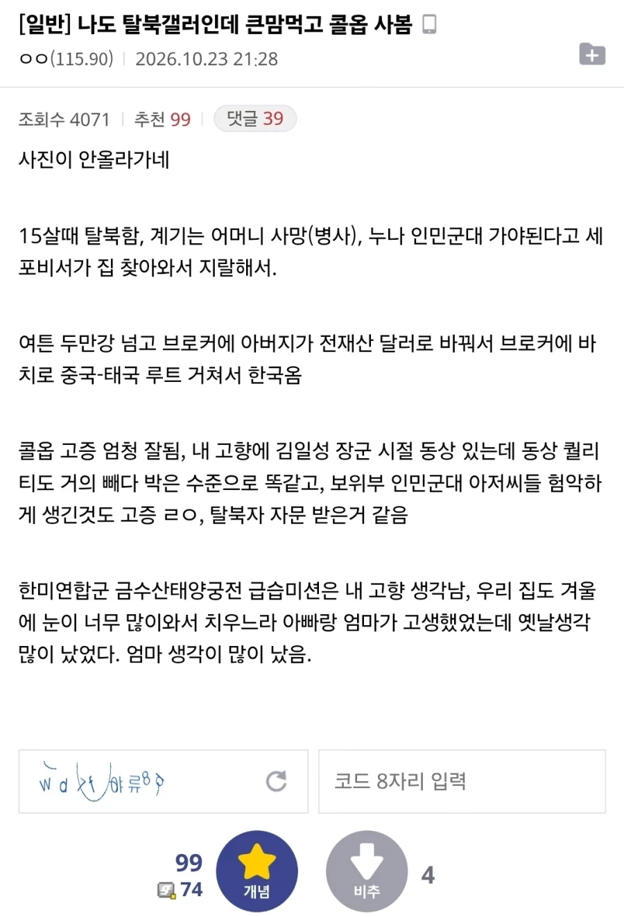 탈북 디시인의 콜업사 후기