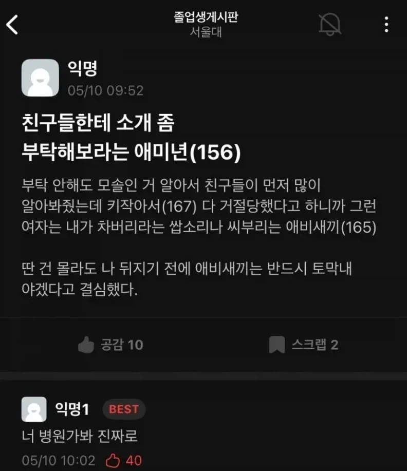 eta) 서울대를 가도 연애를 못해 열등감이 심한 청년