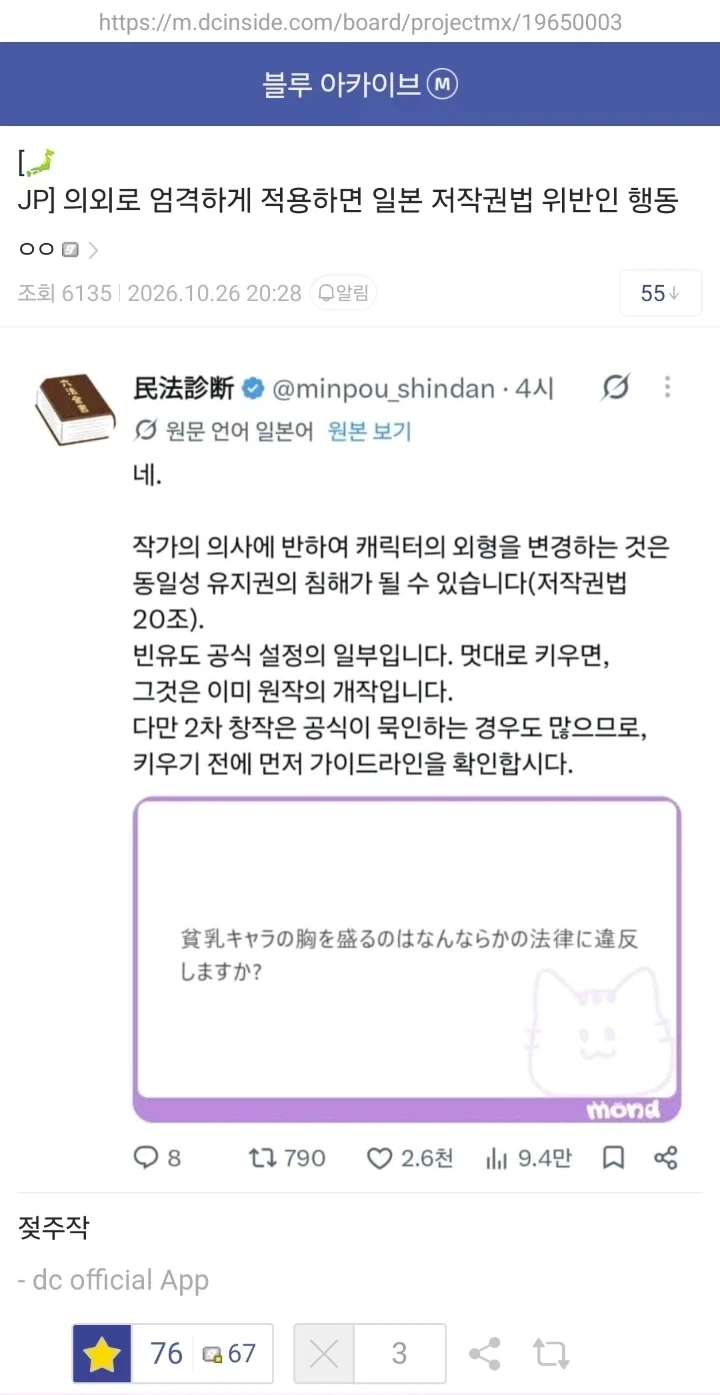 일본 저작권법상 불법인 것 -> 거유화 2차창작