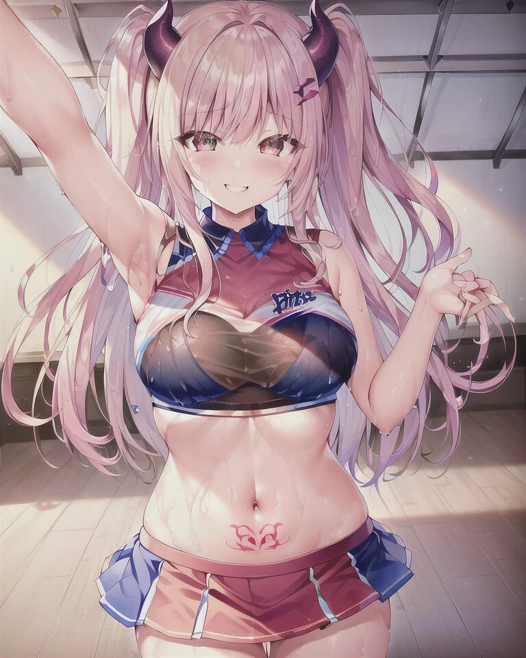 ai)야 땀에 흠뻑젖은채로 응원댄스추는 치어리더 서큐버스 그려줘