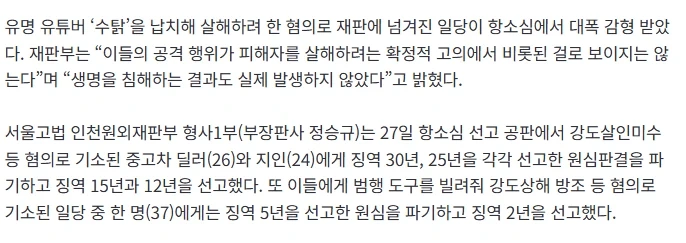 수탉 납치살해시도 주범들 2심서 형량 반토막....