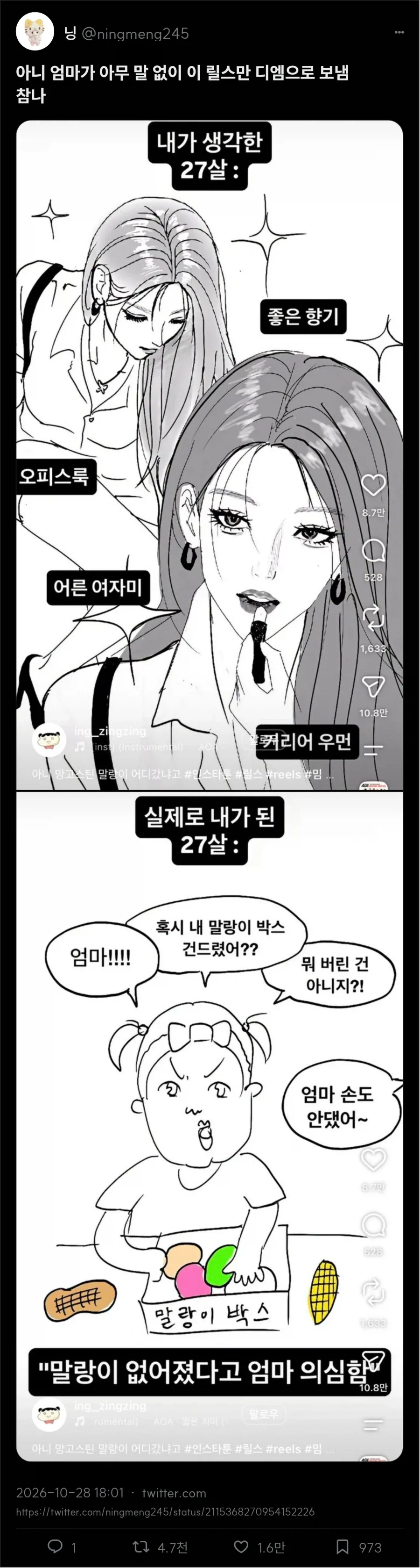 엄마가 아무 말 없이 릴스 보냄
