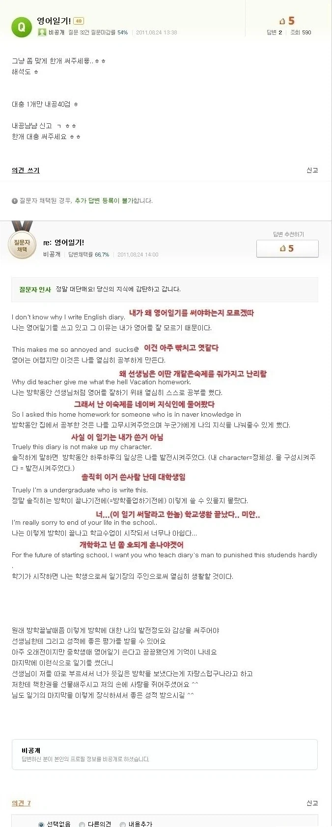 어린 친구의 영어 일기를 대신 써준 지식인